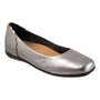 Slip-on flat by Trotters in silver leather with textured finish, black sole, scalloped detail. Comfort features not visible.
