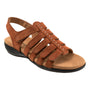 Sandal, brown leather, Trotters Riki Studs with metal studs, memory foam footbed, and adjustable straps.