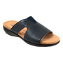 Sandal, Trotters Roxine 2.0, navy, open toe, memory foam footbed, tan insole, black sole, on white background.