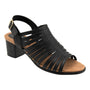 Sandal, black leather Trotters Midge 2.0 with cushioned footbed and low block heel on white background.