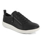 Shoe, black leather Strive Talia low-top with arch support, white sole, laces, side zipper; angled on white background.