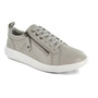 Sneaker, Strive Talia, light gray with white sole, laces, side zipper, biomechanical footbed for support, angled view.