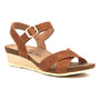 Sandal, brown leather, Naot Throne with buckle, open toe, arch support, cork-latex footbed, cream wedge sole.
