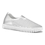 Flat shoe, silver synthetic upper, white sole, scalloped cutouts, Ilse Jacobsen Tulip 3576, side view.