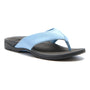 Sandal by The Walking Company in light blue and black, angled left on white, with heel and arch support visible.