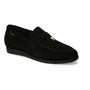 Slip-on shoe, black suede, Mephisto Valenza for women with low heel, metallic strap detail, designed for comfortable walking.