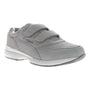 Shoe, gray leather, Propet Tour Walker Strap with hook and loop closure, white sole, shown on white background.