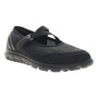Shoe, black mesh, Propet Travelactiv Mary Jane Elite with Velcro strap, textured sole, orthotic friendly, angled on white.