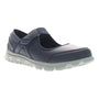 Shoe, Propet Onalee: dark blue stretch Mary Jane with hook-and-loop strap, white sole. Suits swollen feet.