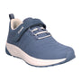 Shoe, Propet Tour Knit Fx, blue mesh upper, elastic laces, hook-and-loop strap, white lightweight sole.