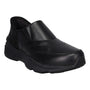 Shoe, Propet Stability Freestyle, black leather slip-on with thick rubber sole and visible stitching on white background.