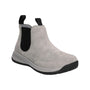 Boot, light grey water-repellent suede with black panels and thick textured rubber sole, Propet Linden.