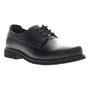 Shoe, Propet Hazel, black leather oxford with laces, low heel. Comfort footwear shown angled on white background.