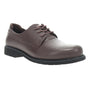 Shoe, brown leather, Propet Hazel oxford with laces, black sole, removable insoles for comfort support on white background.