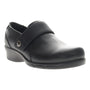 Shoe, black leather Propet Wallis slip-on with low heel and cushioned support, shown on white background.