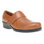 Shoe, tan leather, Propet Wallis with cushioned sole and adjustable strap on white background.