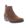 Boot, brown suede, Propet Memphis with side buckle, low heel, and visible orthotic insole on white background.