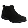 Boot, black leather, Propet Devon, side elastic panel, button accent, textured sole, extended sizes for comfort fit.