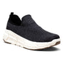 Shoe by Woolloomooloo in black knit slip-on style with white textured sole and visible max cushion comfort.
