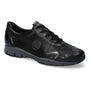 Shoe, black leather, Mephisto Yael, lace-up, round logo patch, shock-absorbing sole for comfort.