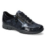 Shoe, black leather Mephisto Ylona with side zipper, textured panels, low sole, designed for comfort on white background.