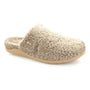 Slip-on shoe, beige fuzzy upper, rubber sole, side logo. Zara by Strive. Displayed on white background.