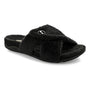 Sandal, black fuzzy, Strive Zoey: open-toe with thick strap, cushioning footbed, shown on white background.