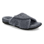 Slipper, gray fuzzy, The Strive Zoey; black sole, adjustable strap, designed for home comfort.