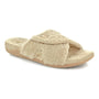 Slipper, Strive Zoey: beige fleece with thick sole and Velcro strap; angled right; cushioned for comfort.