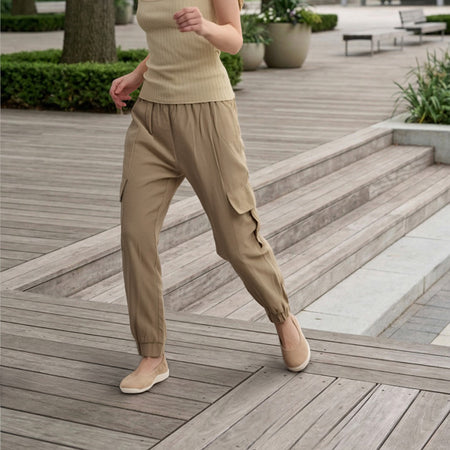 Model wearing Vela Ballet in color Taupe