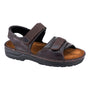 Sandal, brown leather Naot Andes with two adjustable straps, cushioned sole, and removable footbed on white background.