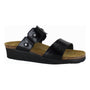Sandal, Naot Ashley: black upper, cork wedge sole, silver studs, tan cushioned footbed, two straps, side view.