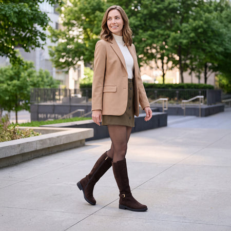 Model wearing Compass Tall in color Dark Brown