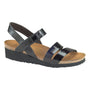 Sandal, black leather, Naot Kayla, low wedge, cork-latex footbed, visible arch support on white background.