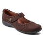 Shoe, Cobb Hill Perry flat, brown leather, strap with round side button, decorative stitching, visible arch support.