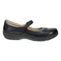 Shoe, black leather Dansko Stacy 2.0 Mary Jane with slip-resistant outsole, side view on white background.