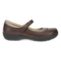 Shoe, brown leather Dansko Stacy 2.0 Mary Jane with Velcro strap, side view, slip-resistant rubber outsole.