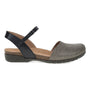 Sandal, Dansko Rowan, black leather strap, tan cushioned sole, textured closed toe.
