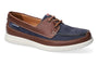 Boat shoe, brown/navy leather, Mephisto Trevis with SOFT-AIR midsole and white rubber sole, side view.
