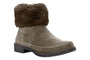 Bootie, Propet Tabitha, gray suede microfiber with white stitching, black sole, wide faux fur cuff. Comfort footwear product.