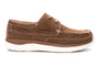 Shoe, Propet Pomeroy, brown leather upper, white sole, visible stitching, lace holes; side view.