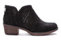 Boot, Propet Remy: black laser-cut suede with side cutouts, low brown heel, back zipper. Comfort features not visible.