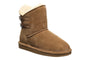 Boot, brown cow suede, faux fur lining, sheepskin footbed for comfort, BEARPAW Rosaline Youth logo detail visible.