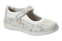Mary Jane shoe by Drew Shoes, black textured upper, floral accents, adjustable instep strap for comfort and support.