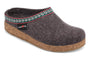 Clog, Haflinger GZ Classic, gray wool felt upper, cork sole, patterned trim, visible tag for comfort and support.