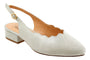 Slingback shoe, white textured leather, low block heel, tan insole, gold ankle buckle. Trotters Joselyn.