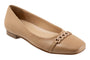 Flat by Harmony by Trotters, tan leather, square toe, chain detail, cushioned insole for comfort.