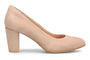 Pump by Sofft Parisa in beige suede with cushioned footbed, rounded toe, and chunky mid-height heel.