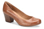 Pump, brown leather, Comfortiva Amora with rounded toe, block heel, and visible memory foam comfort footbed.