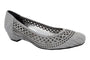 Shoe, gray PU, Tina by Ros Hommerson; slip-on with laser-cut circular cutouts, pointed toe, low heel.